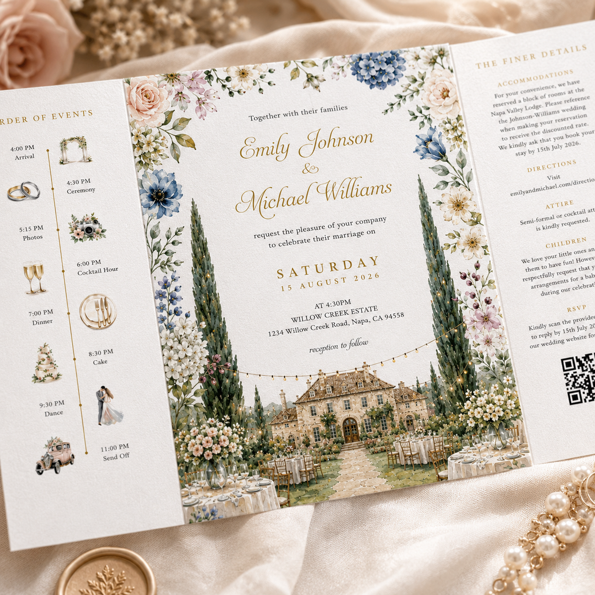 Personalized Wedding Invitation, Custom Watercolor Venue Illustration, Luxury Floral Wedding Invitation Suite