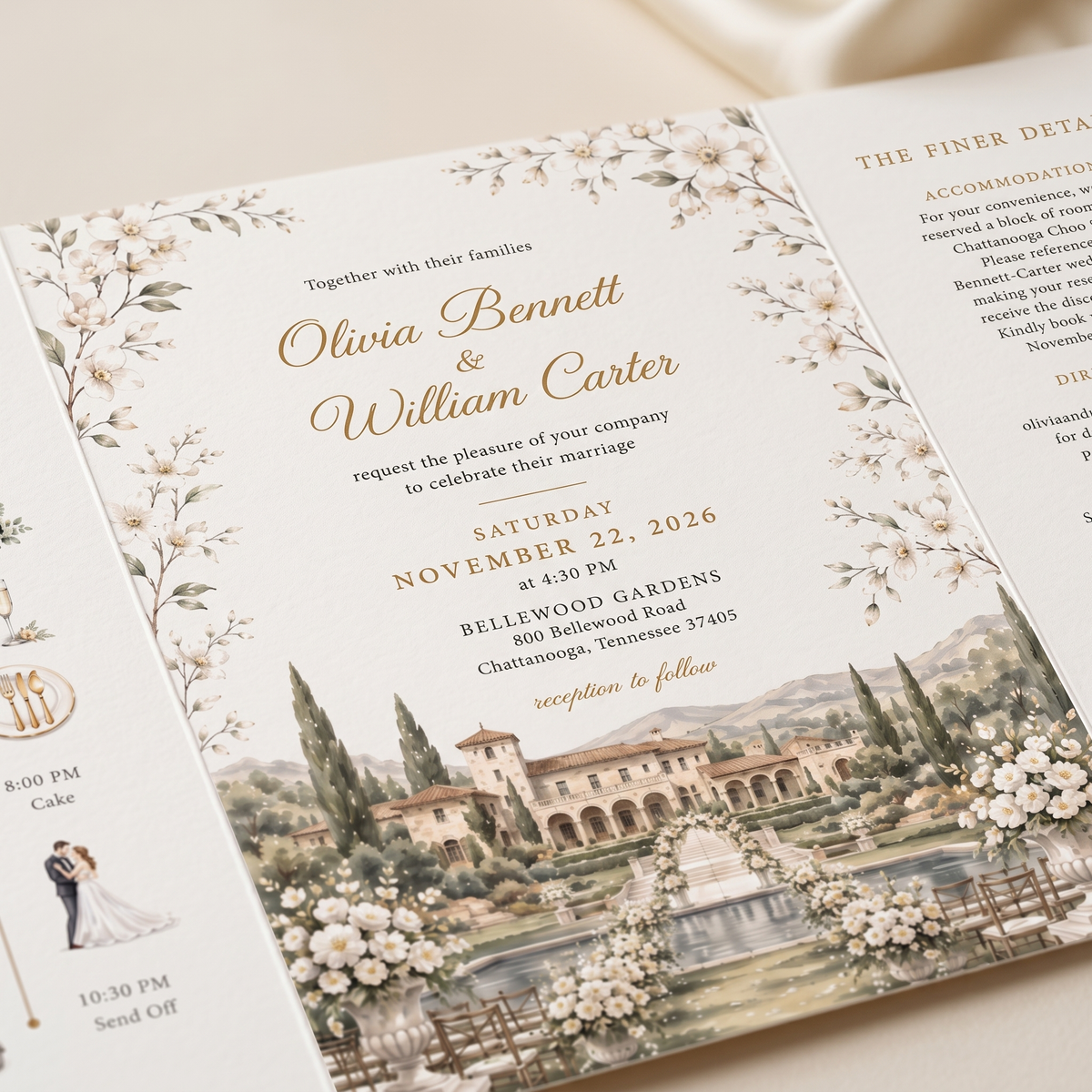 Custom Garden Wedding Invitations, Watercolor Venue Illustration, Elegant Floral Wedding Invitation Suite, Personalized Luxury Stationery