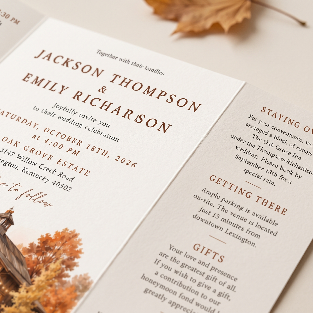 Custom Autumn Wedding Invitations, Watercolor Venue Illustration, Fall Wedding Invitation Suite, Personalized Luxury Wedding Stationery