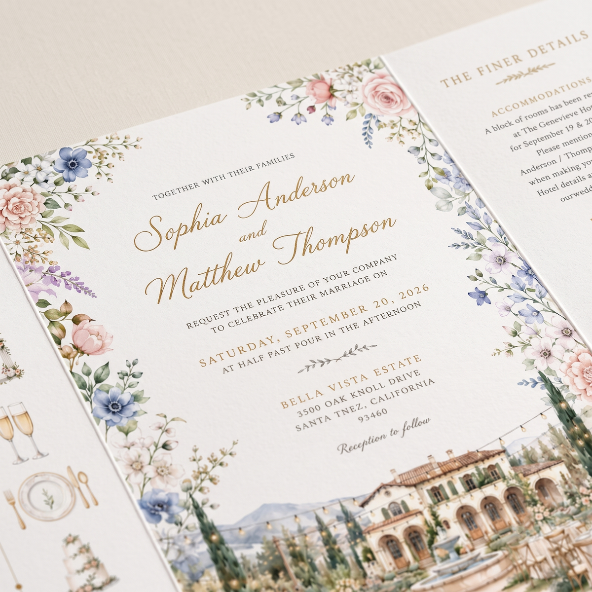 Watercolor Villa Wedding Invitations, Elegant Garden Wedding Invitation Suite, Personalized Floral Wedding Invites, Luxury Destination Wedding