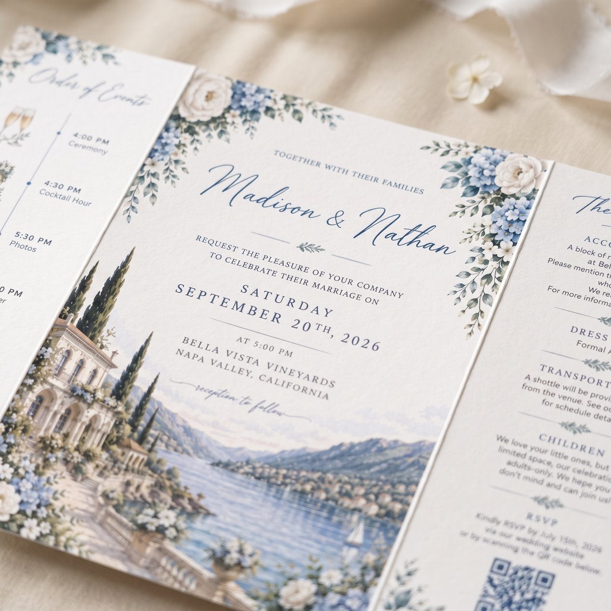 Luxury Blue Floral Wedding Invitation Suite, Personalized Destination Wedding Invitations, Custom Lake Wedding Stationery
