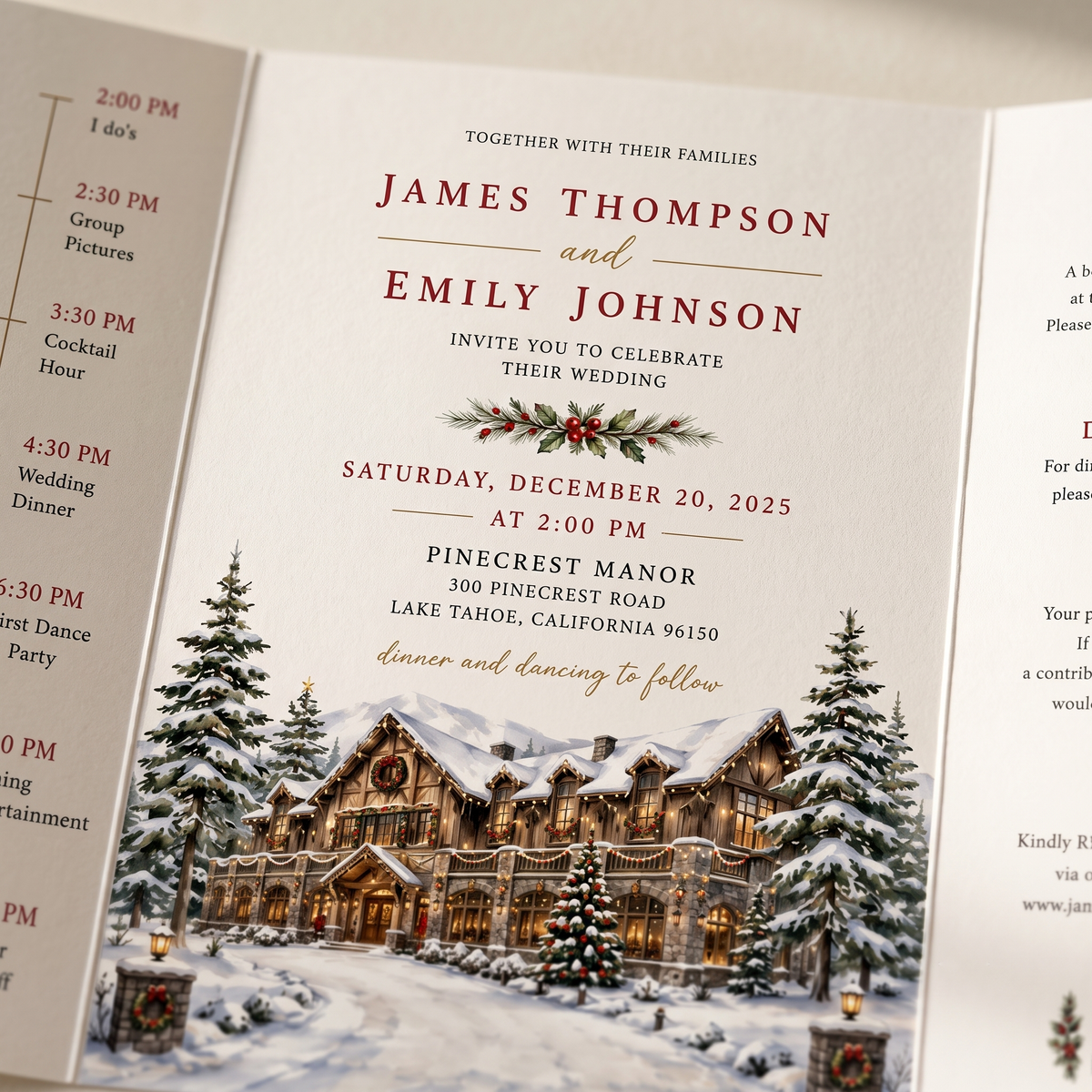 Custom Winter Wedding Invitations, Snowy Venue Illustration, Christmas Wedding Invitation Suite, Personalized Luxury Wedding Stationery