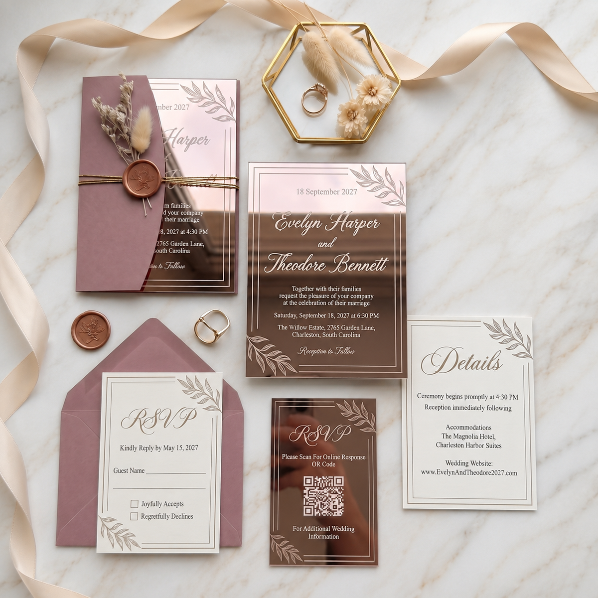 Luxury Rose Gold Mirror Acrylic Wedding Invitation Suite, Personalized Wedding Invite with Burgundy Envelope, RSVP & Details Cards