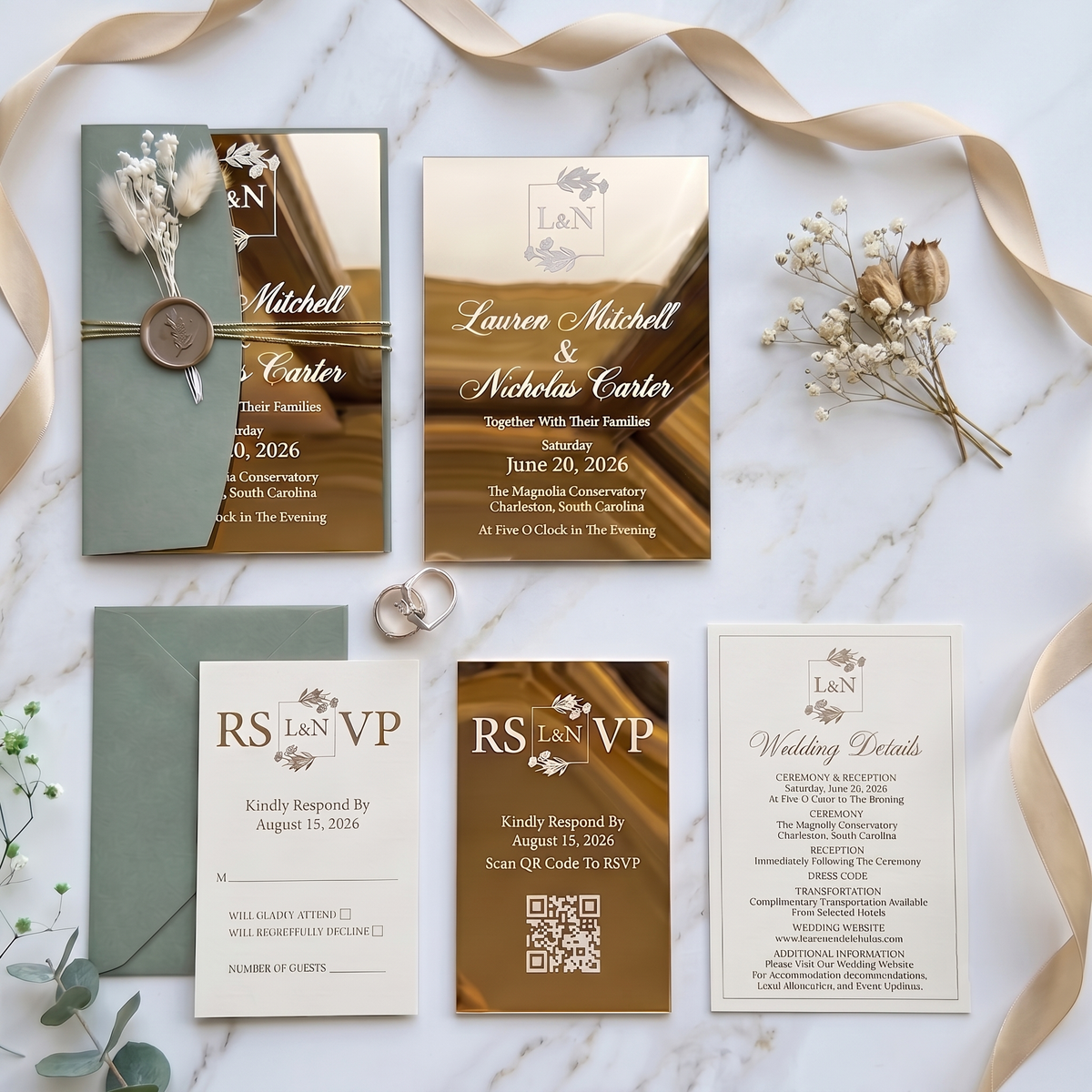 Luxury Gold Acrylic Wedding Invitation, Personalized Wedding Invite with Sage Green Envelope, QR RSVP Card & Wedding Details Card