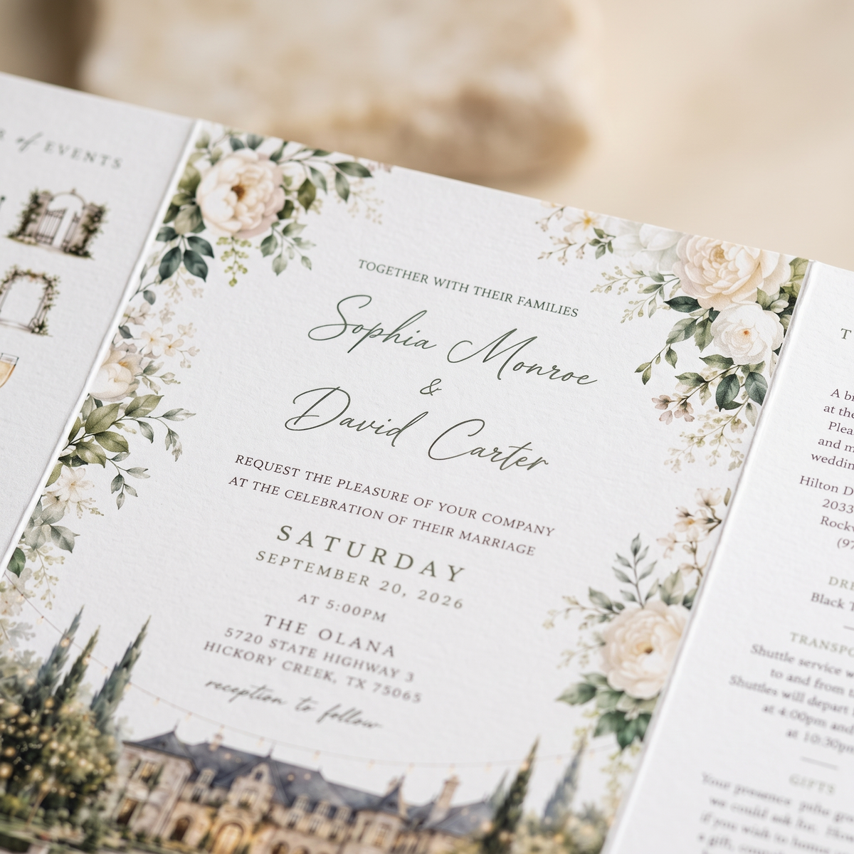 Custom Estate Wedding Invitations, Watercolor Venue Illustration, Elegant Floral Wedding Invitation Suite, Personalized Luxury Stationery