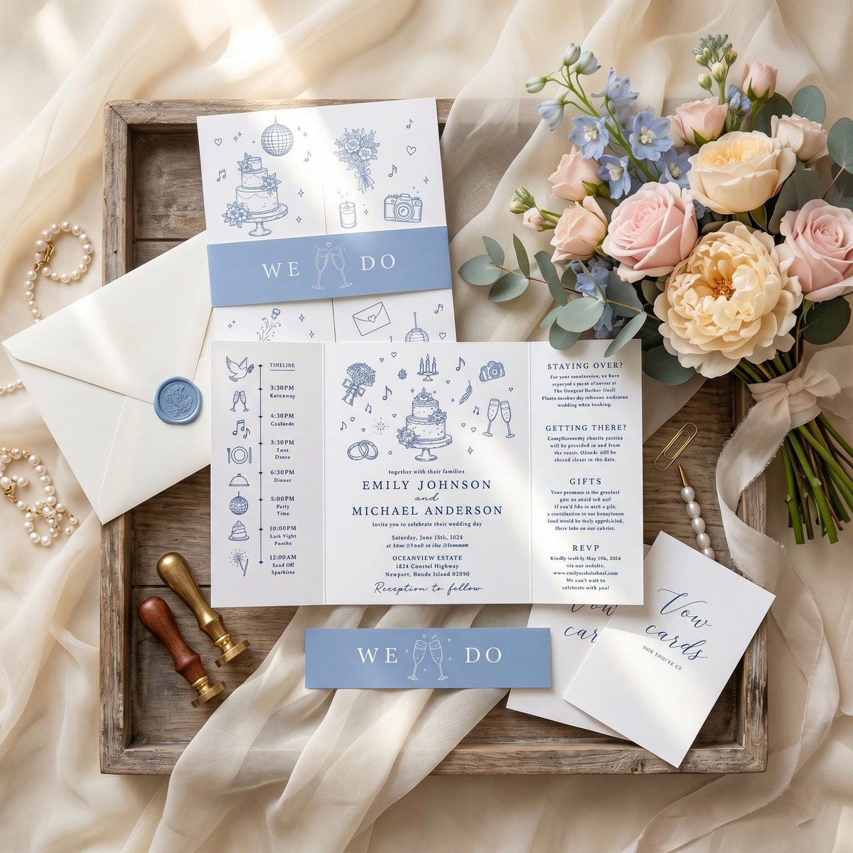 Personalized Blue Wedding Invitation Suite | Elegant Illustrated Wedding Invitations with Custom Details & RSVP