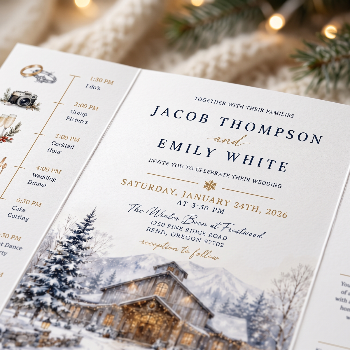 Custom Winter Wedding Invitations, Snowy Mountain Venue Illustration, Personalized Winter Wedding Invitation Suite, Luxury Stationery