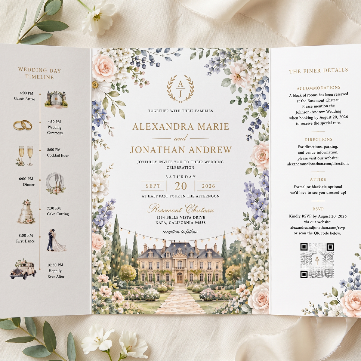 Personalized Chateau Wedding Invitations, Elegant Floral Wedding Invitation Suite, Custom Venue Illustration, RSVP QR Code