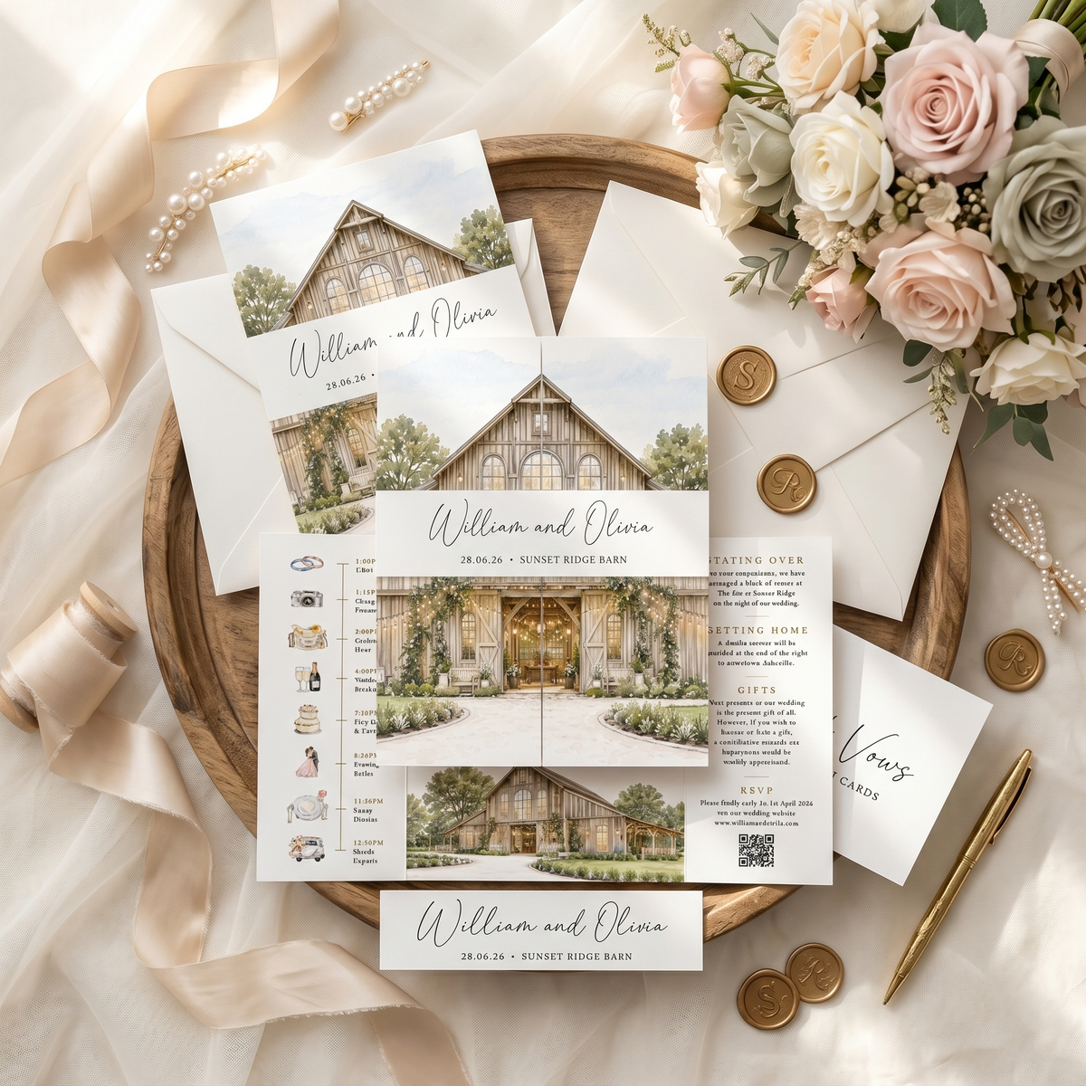 Personalized Wedding Invitation with Custom Venue Illustration | Rustic Wedding Invitation Suite