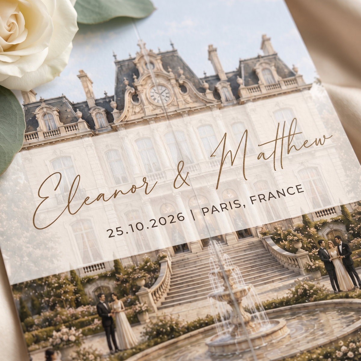 Personalized Château Wedding Invitation Suite, French Estate Wedding Invitations, Custom Venue Illustration, RSVP & QR Code