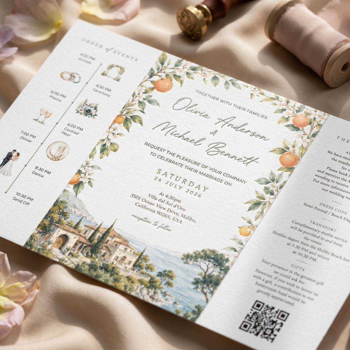 Elegant Personalized Wedding Invitation Suite | Luxury Wedding Stationery with Custom Watercolor Venue Illustration