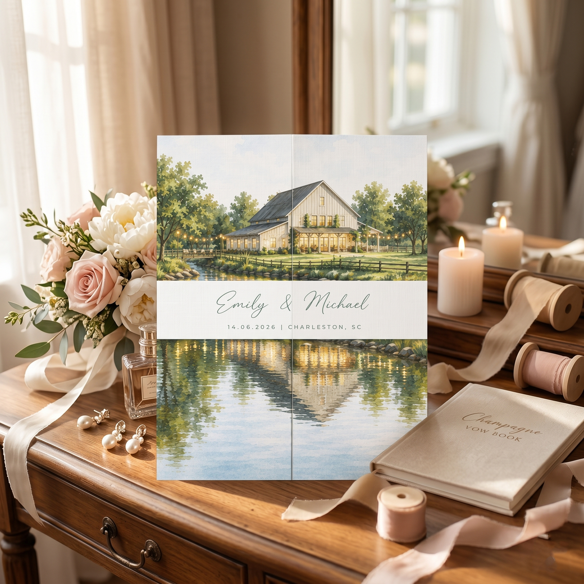 Custom Wedding Invitation Suite with Venue Illustration | Personalized Romantic Wedding Invitations & Details Card