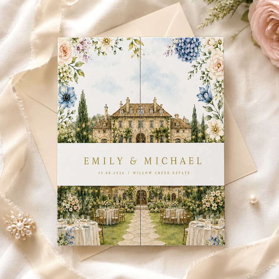 Personalized Wedding Invitation, Custom Watercolor Venue Illustration, Luxury Floral Wedding Invitation Suite