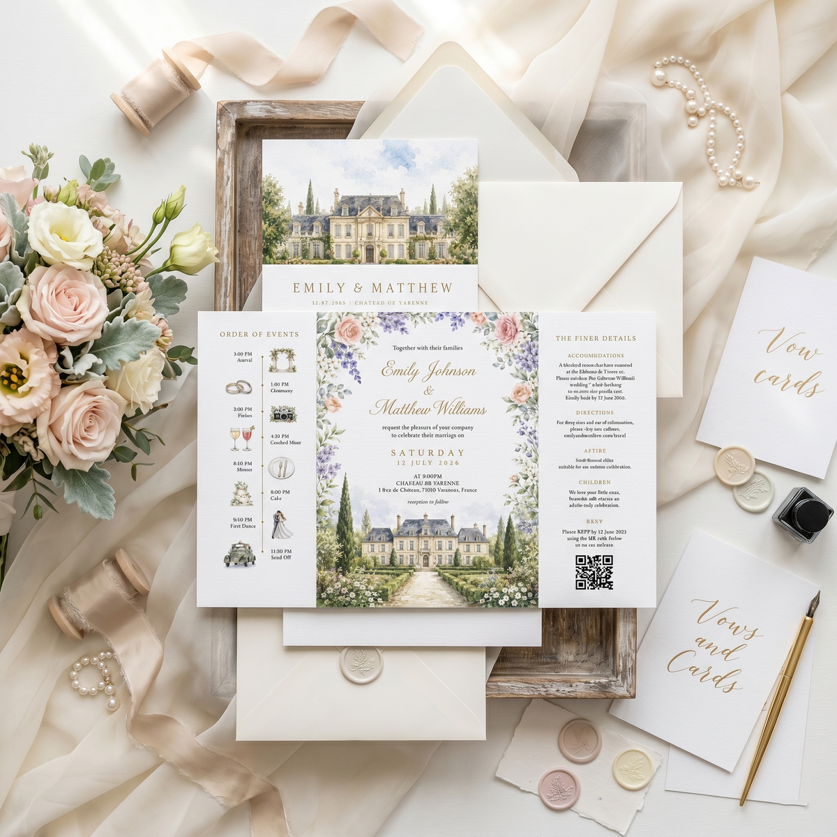 Personalized Wedding Invitation, Custom Watercolor Wedding Venue Illustration, Luxury Floral Wedding Invitation Suite
