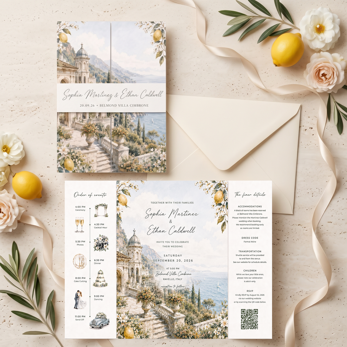 Amalfi Coast Lemon Wedding Invitation Suite, Italy Wedding Invitations, Personalized Destination Wedding Invite
