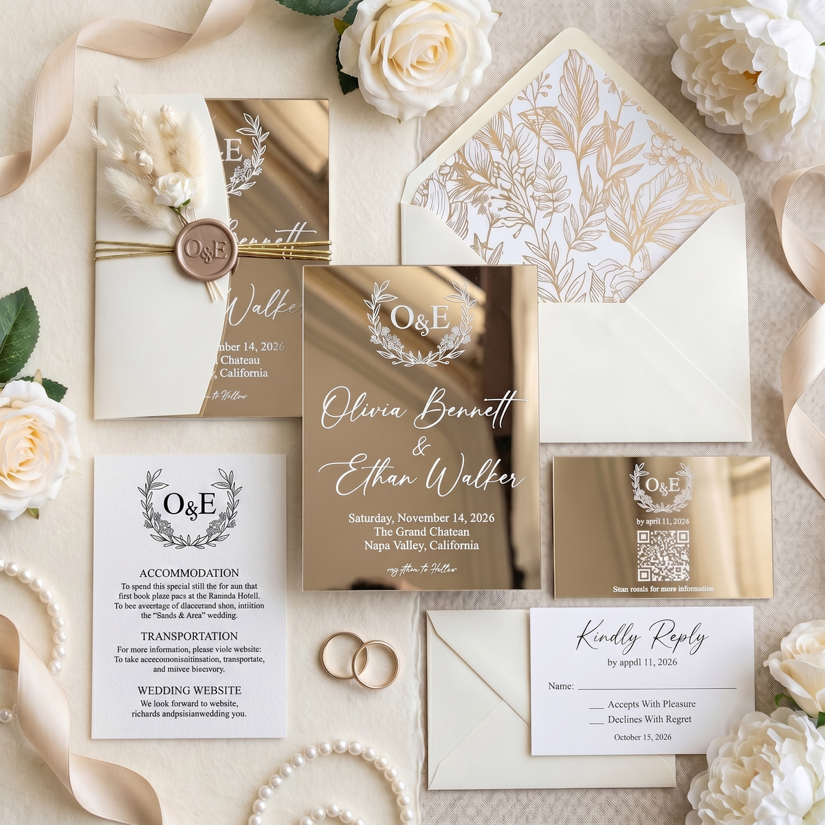 Luxury Gold Mirror Acrylic Wedding Invitation, Personalized Wedding Invite Suite with QR RSVP Card, Details Card & Envelope