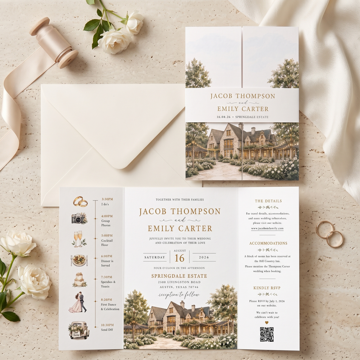 Custom Watercolor Wedding Invitations, Personalized Venue Illustration, Elegant Estate Wedding Invitation Suite, Luxury Wedding Invites