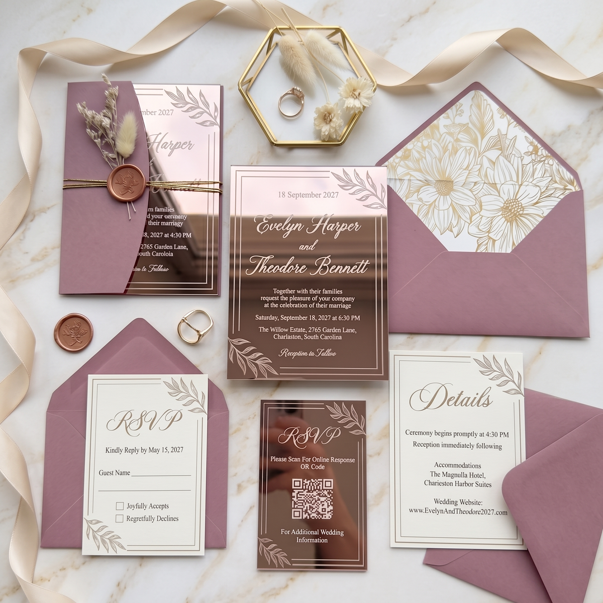 Luxury Rose Gold Mirror Acrylic Wedding Invitation Suite, Personalized Wedding Invite with Burgundy Envelope, RSVP & Details Cards