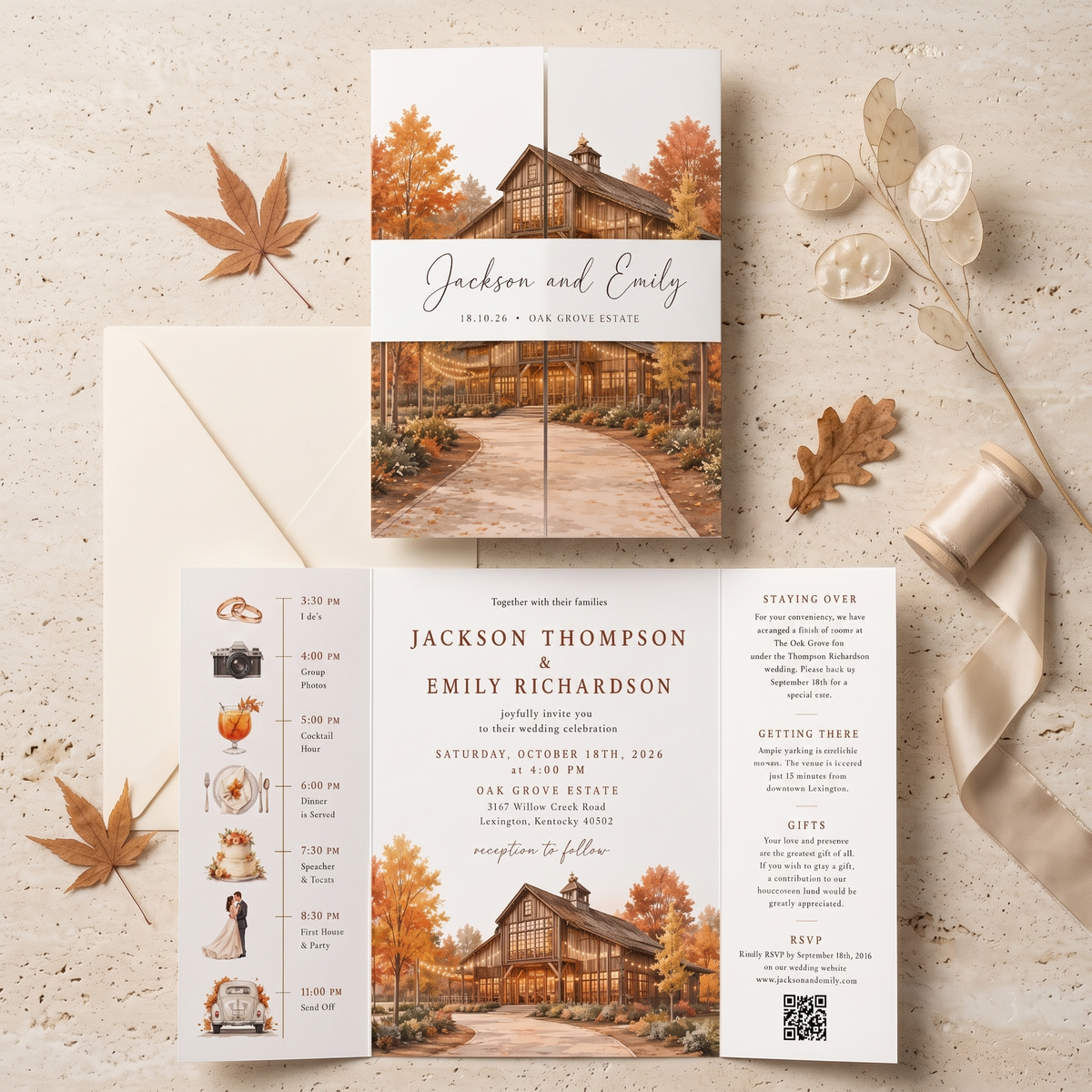 Custom Autumn Wedding Invitations, Watercolor Venue Illustration, Fall Wedding Invitation Suite, Personalized Luxury Wedding Stationery