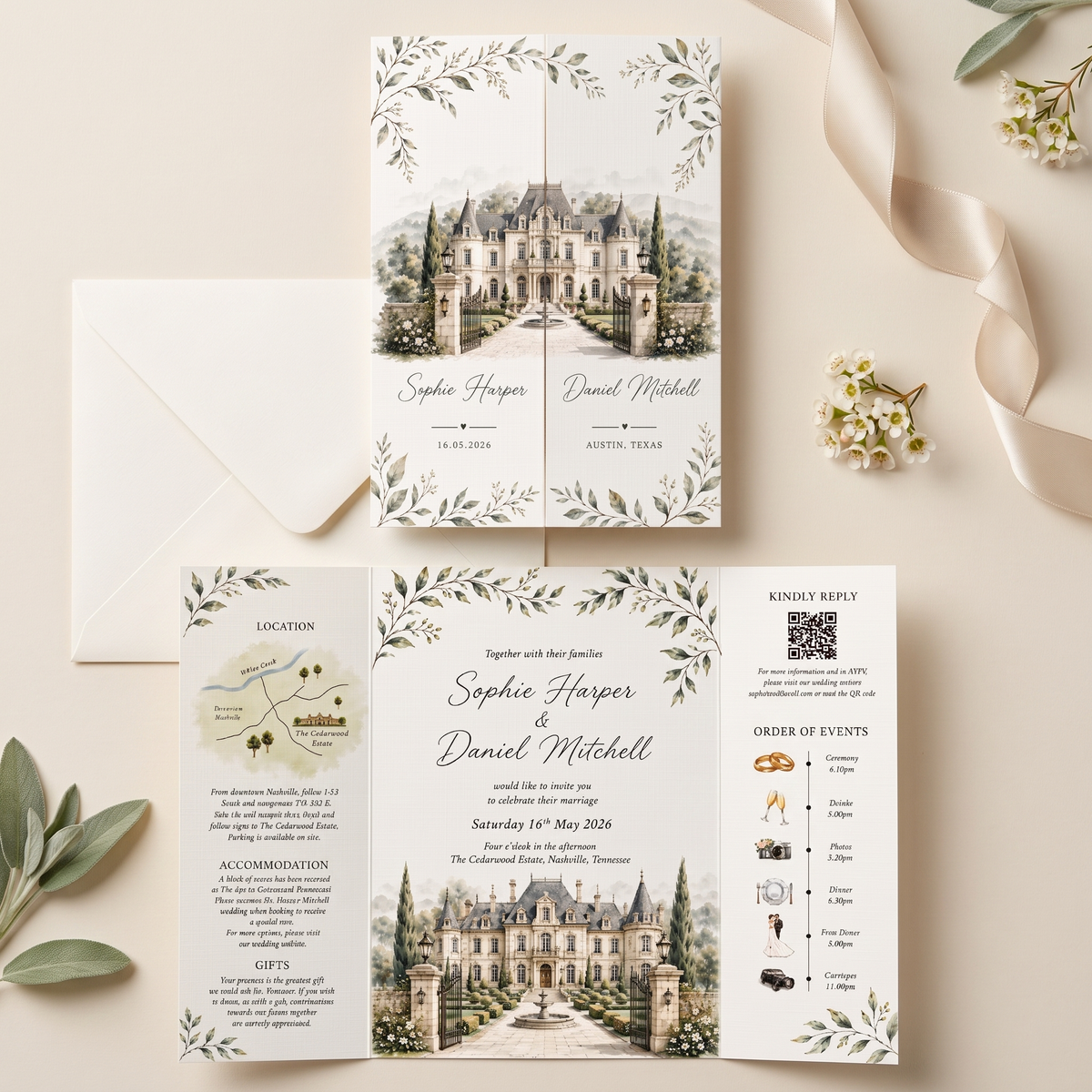 Custom Watercolor Wedding Invitation Suite, Personalized Estate Venue Wedding Invitations, Luxury Garden Wedding Stationery
