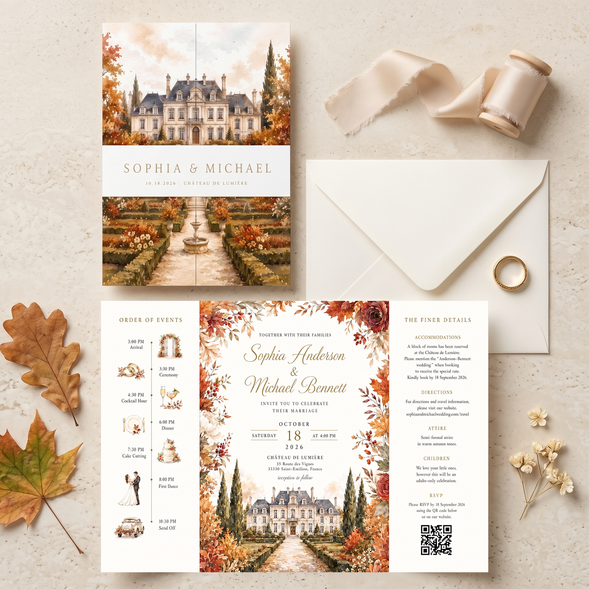 Personalized Autumn Chateau Wedding Invitations, Fall Floral Wedding Invitation Suite, Custom Venue Illustration, RSVP QR Code