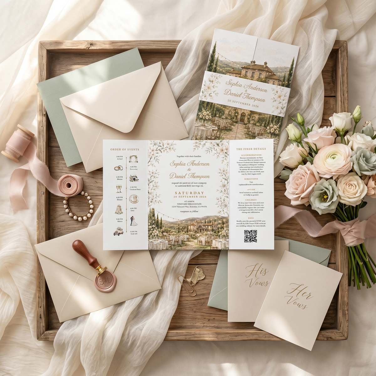 Personalized Wedding Invitation, Custom Watercolor Venue Illustration, Floral Wedding Invitation Suite
