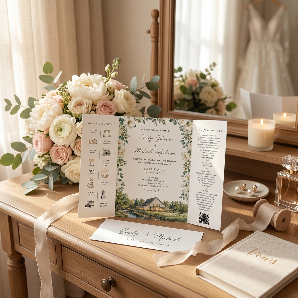 Custom Wedding Invitation Suite with Venue Illustration | Personalized Romantic Wedding Invitations & Details Card