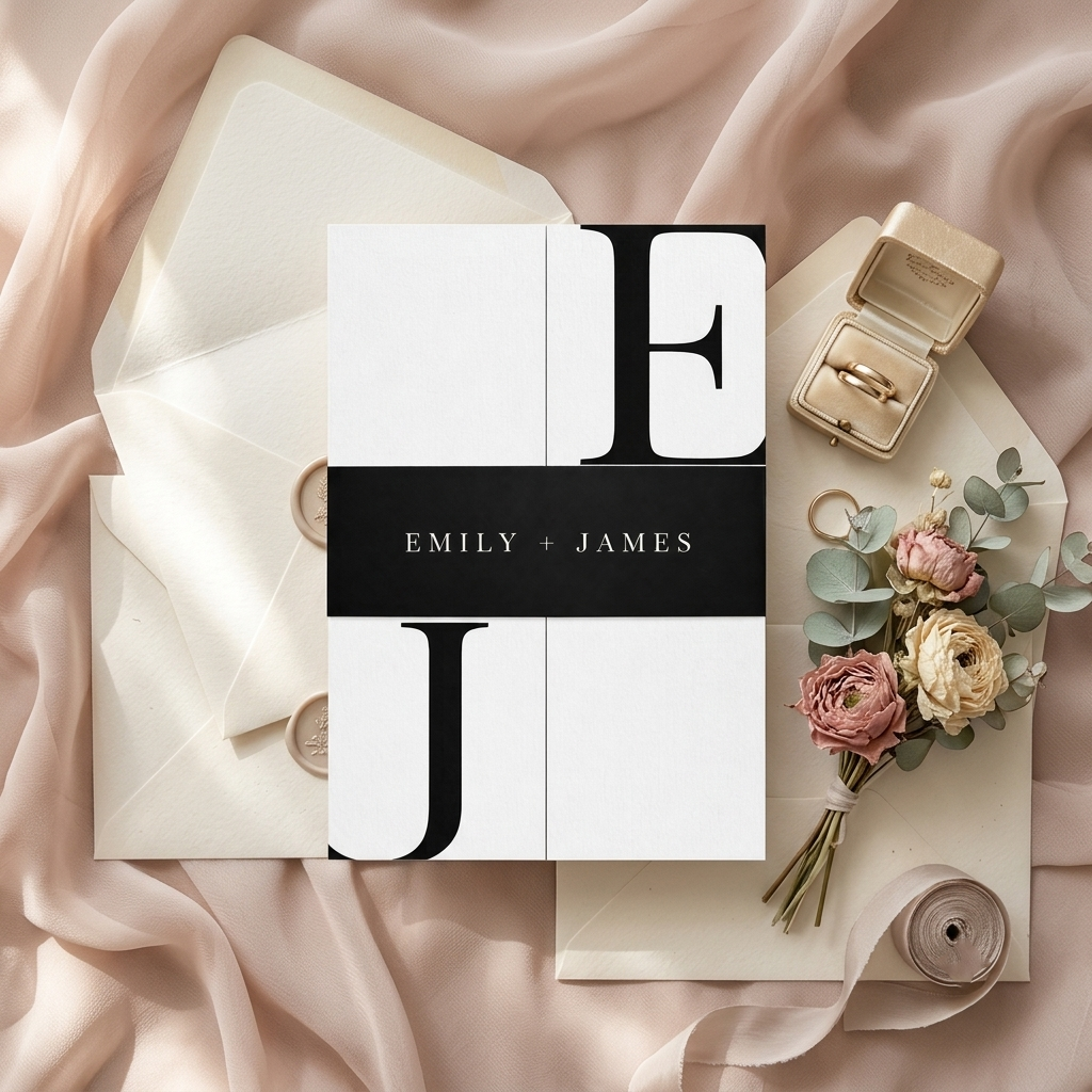 Modern Black and White Wedding Invitation, Personalized Monogram Invitation Suite with RSVP Card