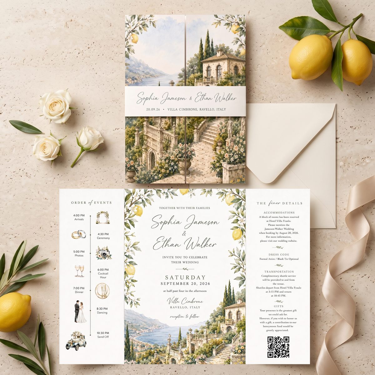 Custom Italian Wedding Invitations, Amalfi Coast Venue Illustration, Lemon Floral Wedding Invitation Suite, Luxury Personalized Stationery