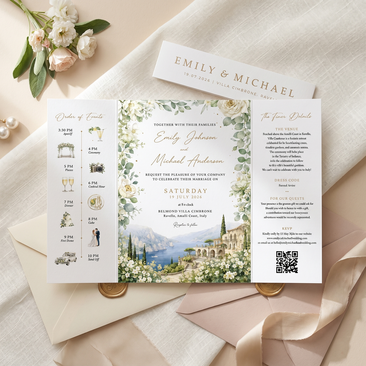 Personalized Amalfi Coast Wedding Invitation, Italy Destination Wedding Invitation, Watercolor Villa Gatefold Invitati