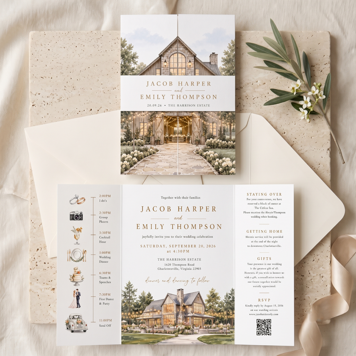 Personalized Rustic Barn Wedding Invitations, Watercolor Venue Illustration, Elegant Farmhouse Wedding Invitation Suite, Custom RSVP & Details Card