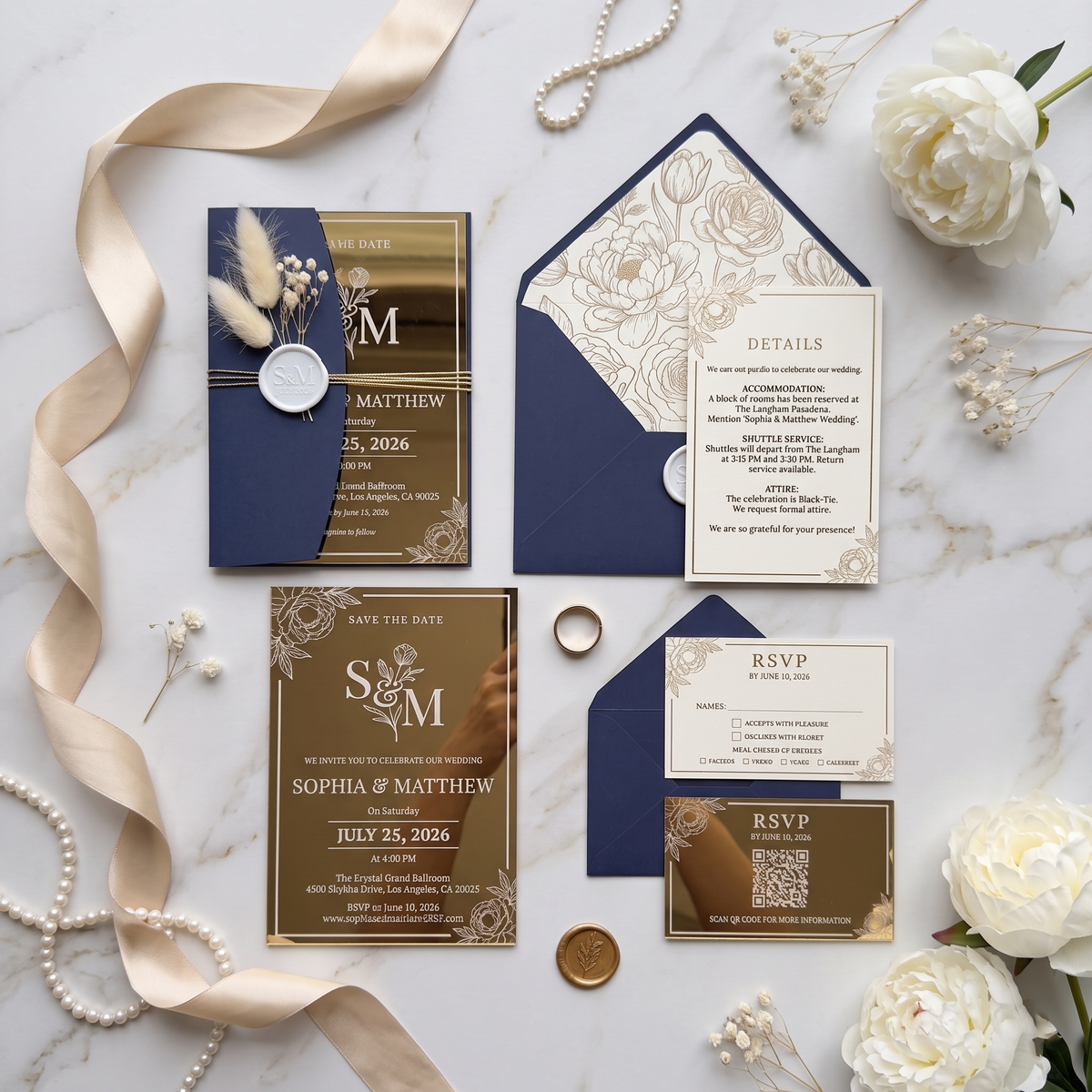 2mm Gold Mirror Acrylic Wedding Invitation Suite, Elegant Personalized Wedding Invite with Navy Blue Envelope, RSVP & QR Code Card