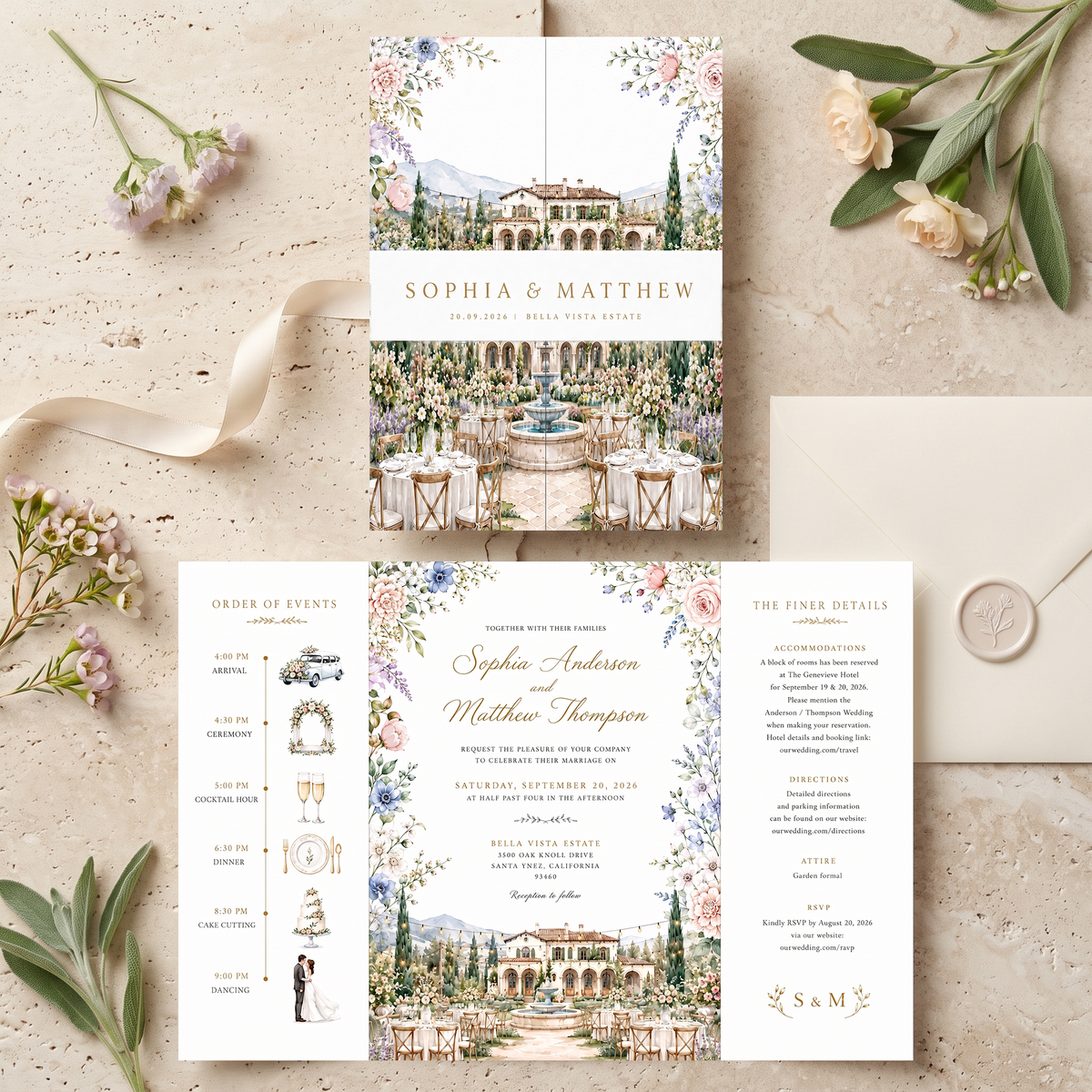 Watercolor Villa Wedding Invitations, Elegant Garden Wedding Invitation Suite, Personalized Floral Wedding Invites, Luxury Destination Wedding