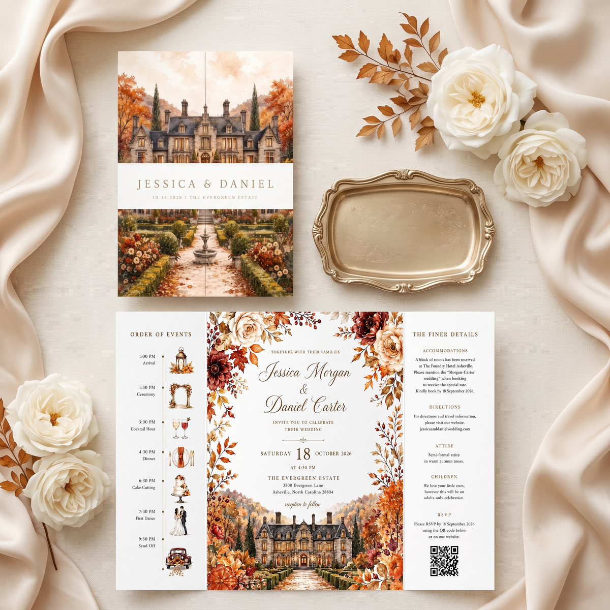 Autumn Wedding Invitation Suite, Fall Wedding Invitation, Watercolor Estate Venue, Floral Wedding Invite, Personalized Wedding Stationery