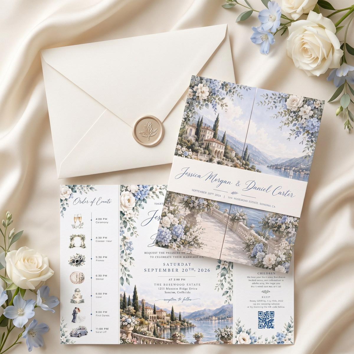 Personalized Blue Floral Wedding Invitation Suite, Luxury Destination Wedding Invitations, Custom Wedding Invitation Set