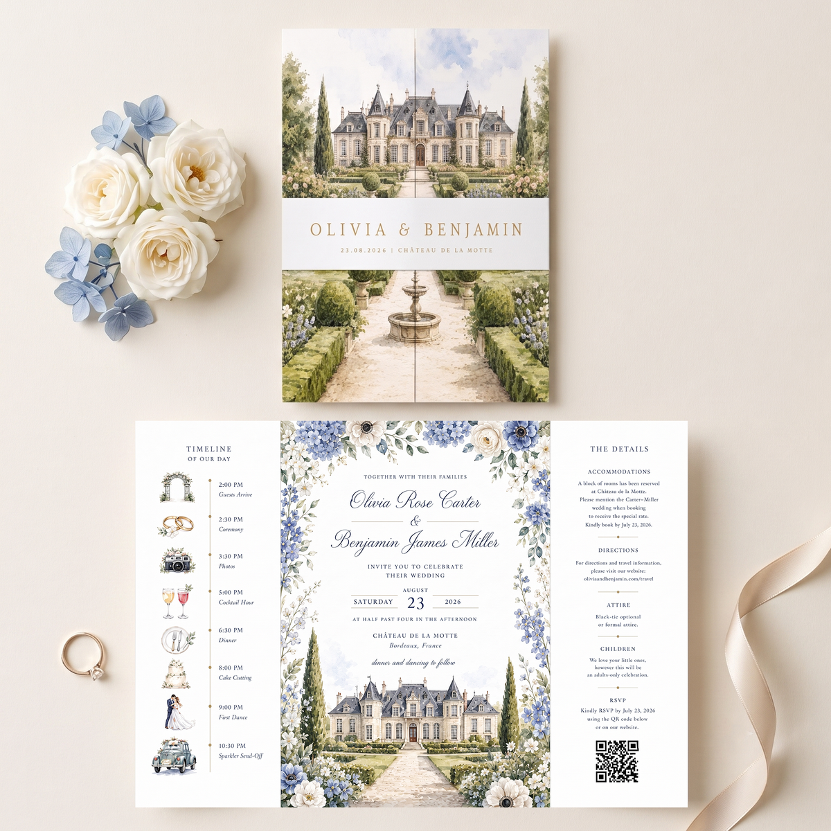 Personalized French Chateau Wedding Invitations, Blue Floral Wedding Invitation Suite, Custom Venue Illustration, RSVP QR Code