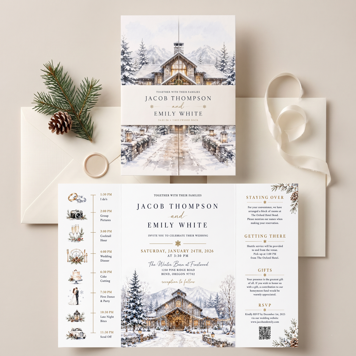 Custom Winter Wedding Invitations, Snowy Mountain Venue Illustration, Personalized Winter Wedding Invitation Suite, Luxury Stationery