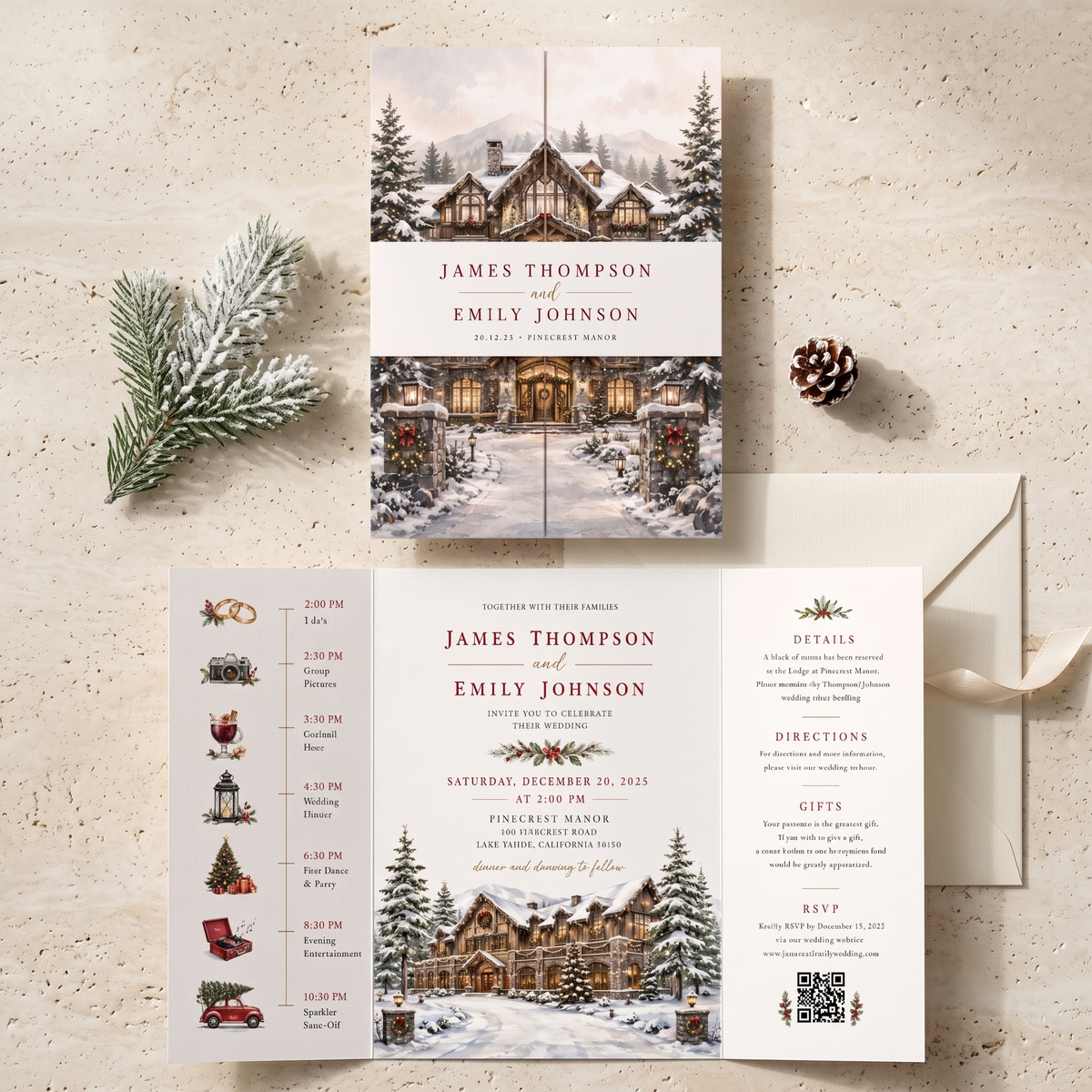 Custom Winter Wedding Invitations, Snowy Venue Illustration, Christmas Wedding Invitation Suite, Personalized Luxury Wedding Stationery