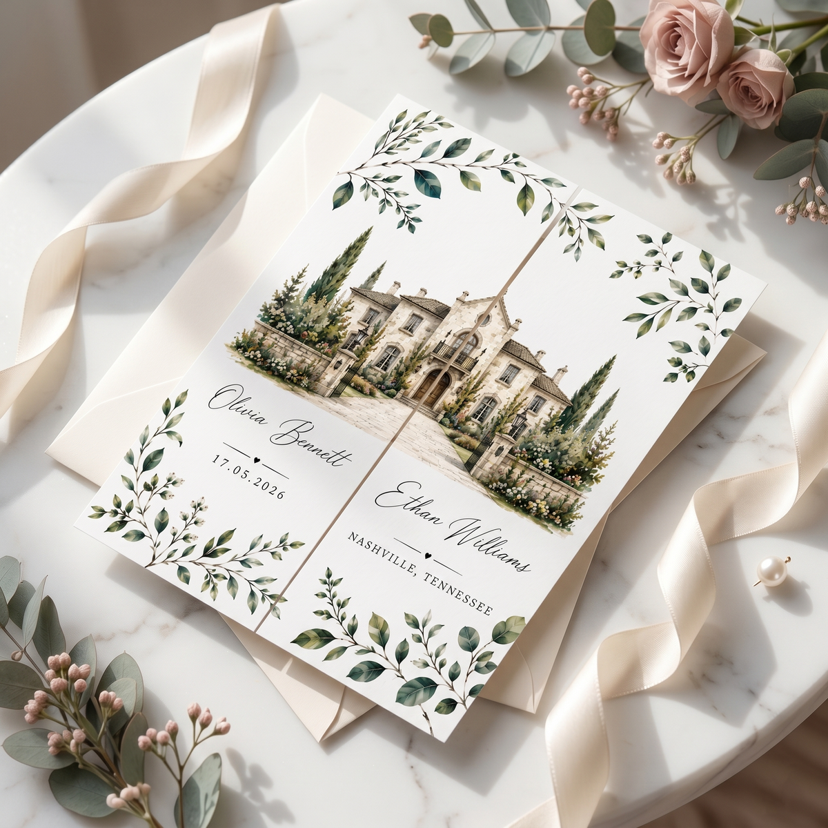Personalized Wedding Invitation, Watercolor Venue Illustration, Folded Wedding Invitation with RSVP QR Code, Custom Venue Wedding Suite