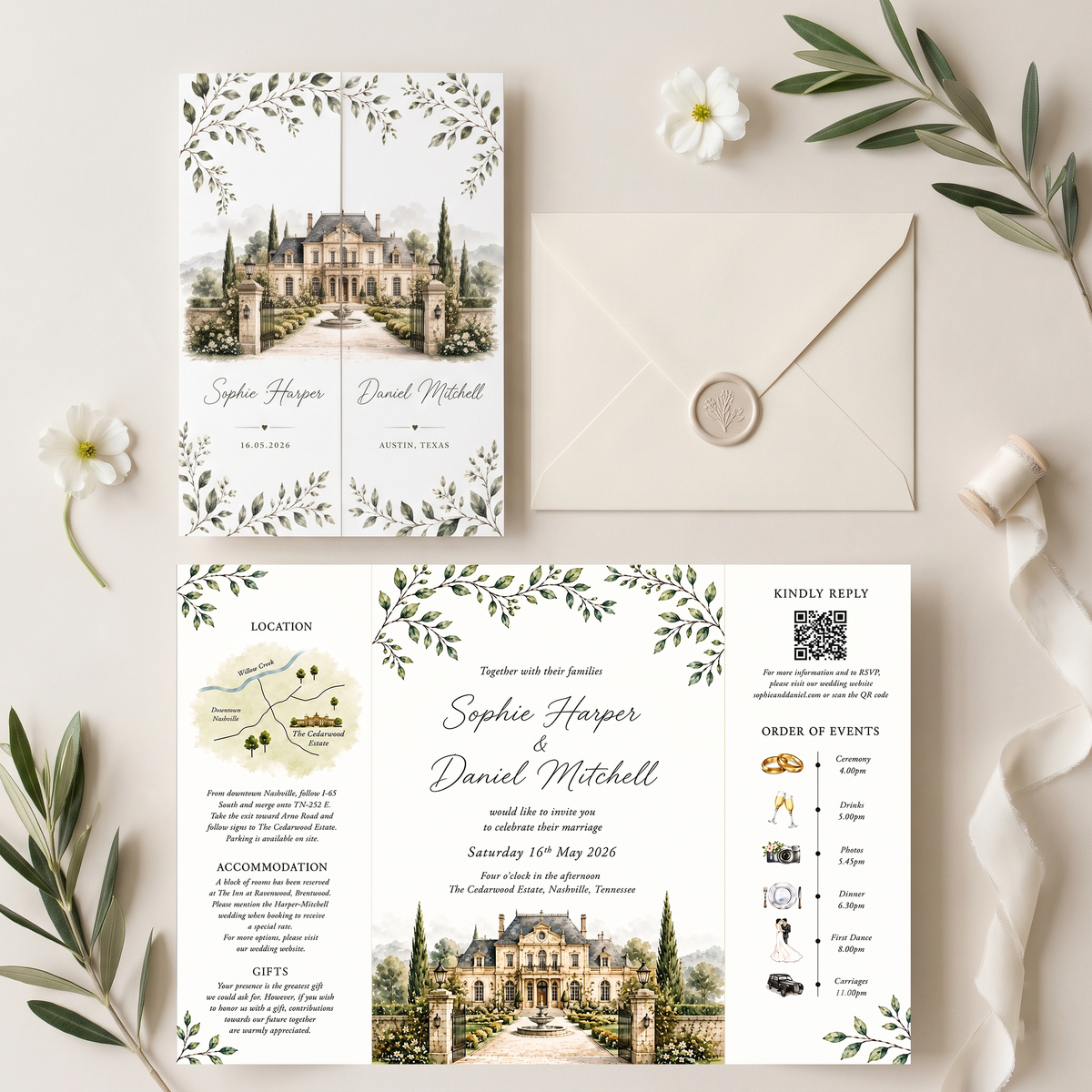 Personalized Estate Wedding Invitation, Custom Venue Watercolor Wedding Suite, Luxury Garden Wedding Invitations
