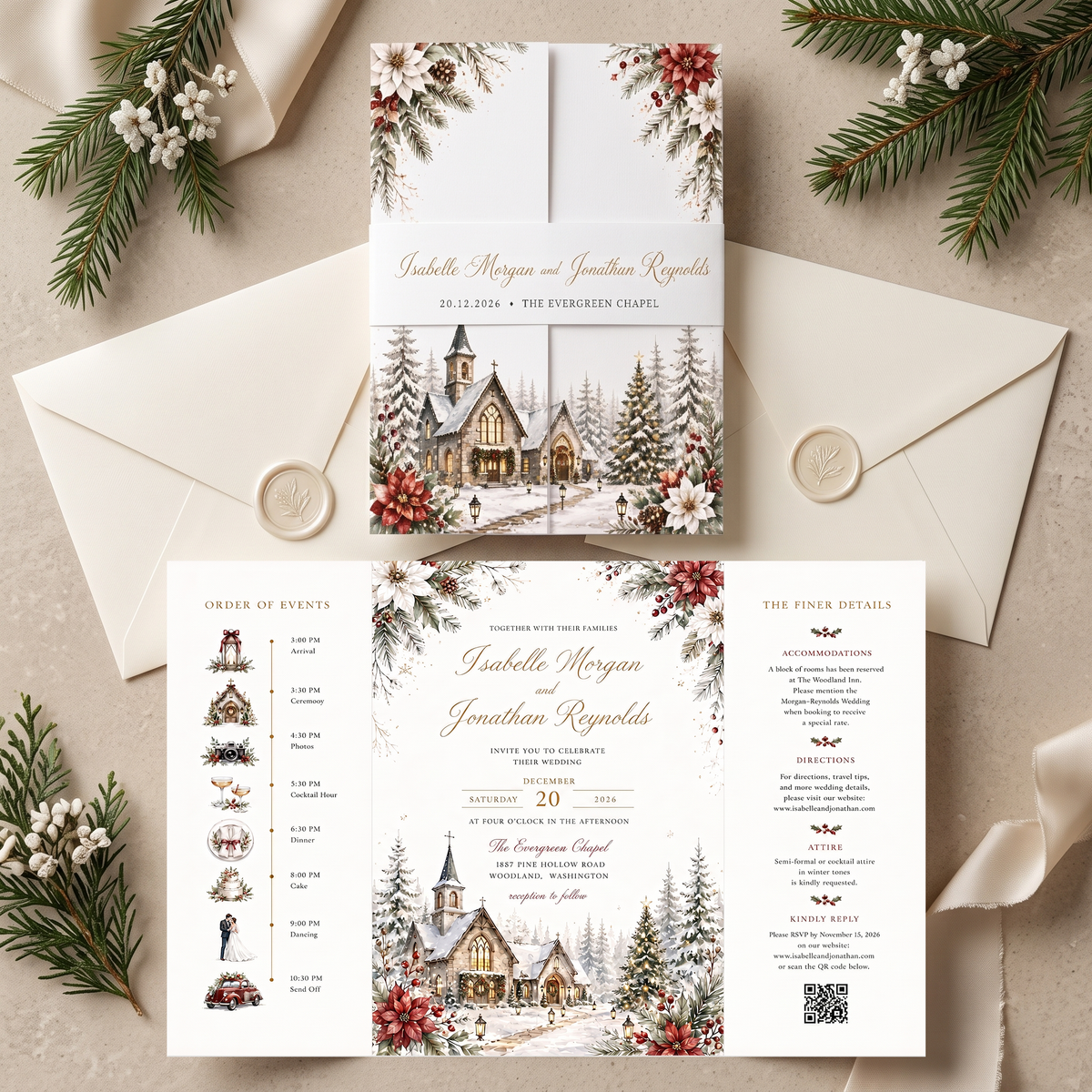 Custom Christmas Wedding Invitations, Winter Church Venue Illustration, Holiday Wedding Invitation Suite, Personalized Luxury Stationery