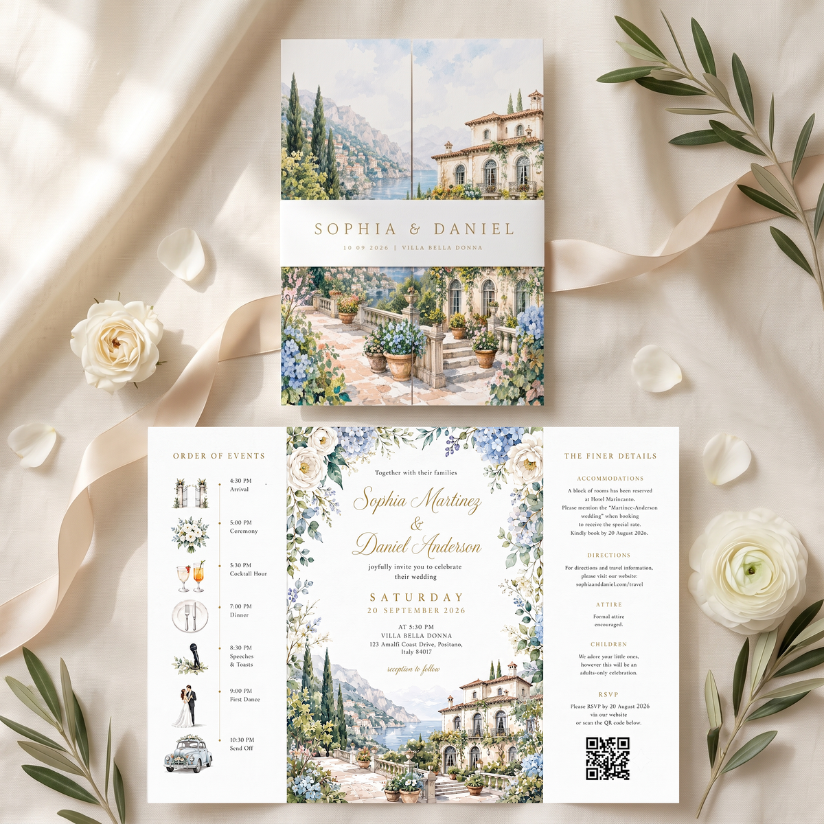 Watercolor Italian Wedding Invitations, Personalized Venue, Luxury Floral Wedding Invitation Suite