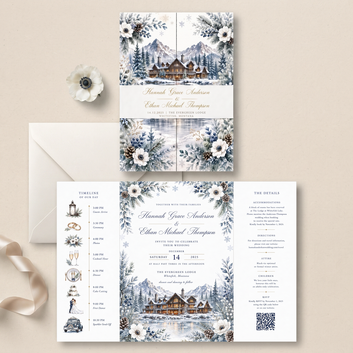 Winter Wedding Invitation Suite, Snowy Mountain Lodge Wedding, Christmas Wedding Invitations, Watercolor Pine Floral Invite, Personalized Wedding Stationery