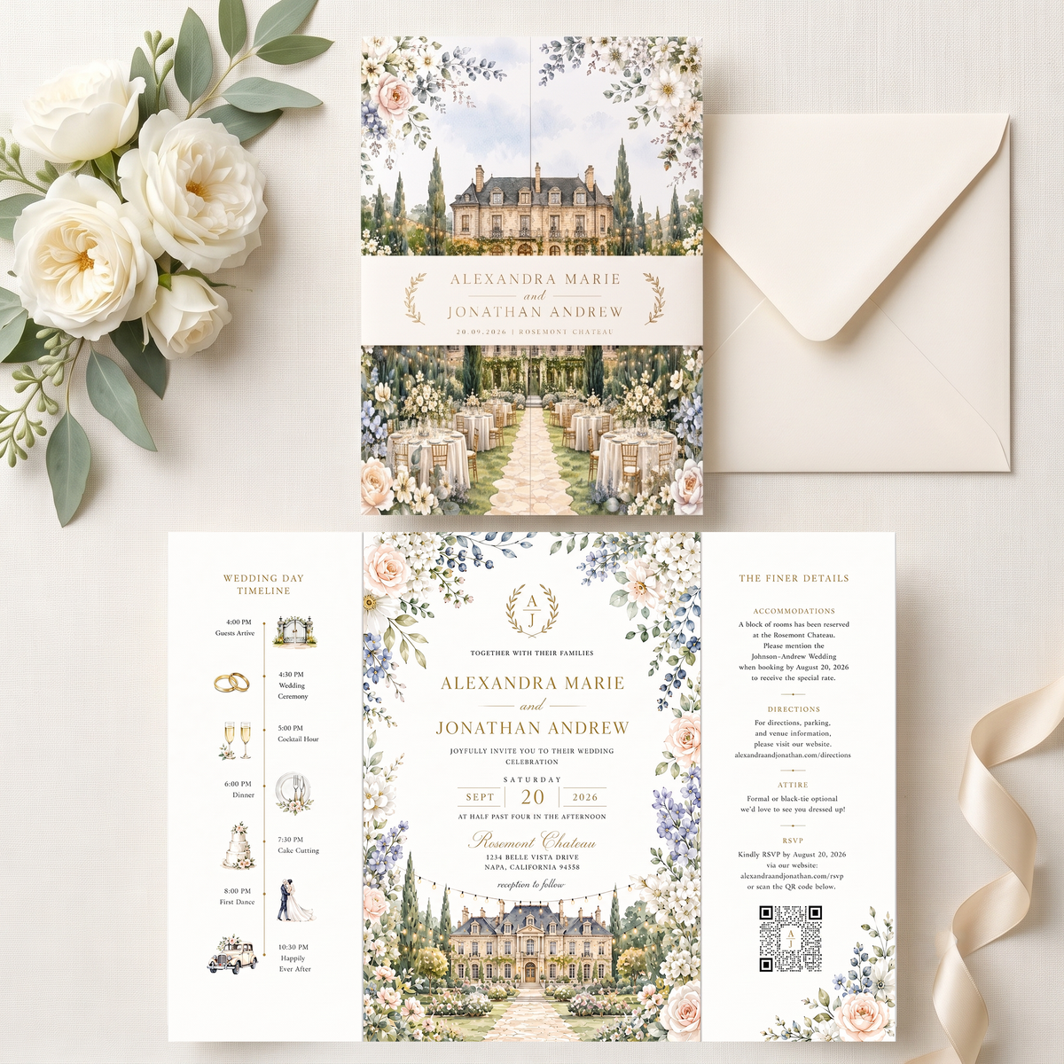 Personalized Chateau Wedding Invitations, Elegant Floral Wedding Invitation Suite, Custom Venue Illustration, RSVP QR Code