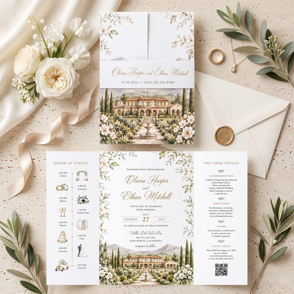 Custom Italian Villa Wedding Invitations, Watercolor Venue Illustration, Elegant Floral Wedding Invitation Suite, Luxury Personalized Stationery