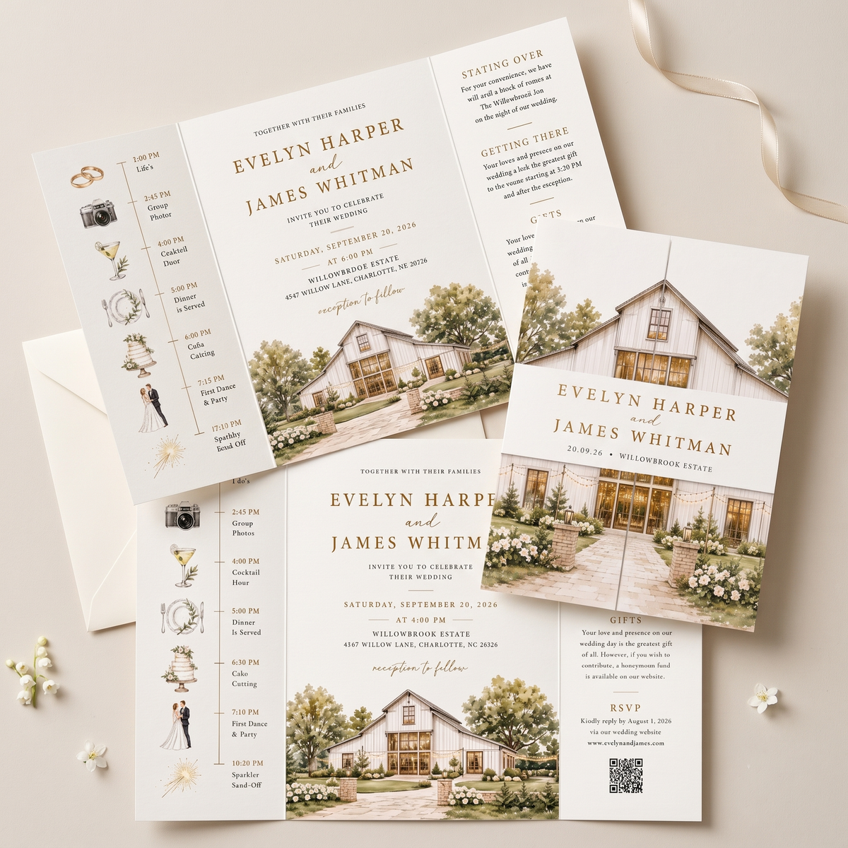 Personalized Rustic Barn Wedding Invitations, Watercolor Venue Illustration, Elegant Wedding Invitation Suite, Custom RSVP & Details Card