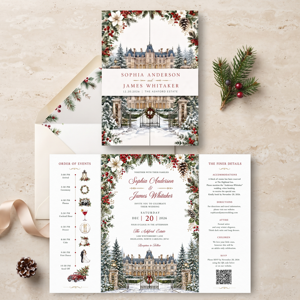 Christmas Wedding Invitation Suite, Winter Wedding Invitations, Snowy Chateau Wedding, Holiday Floral Wedding Invite, Personalized Wedding Stationery