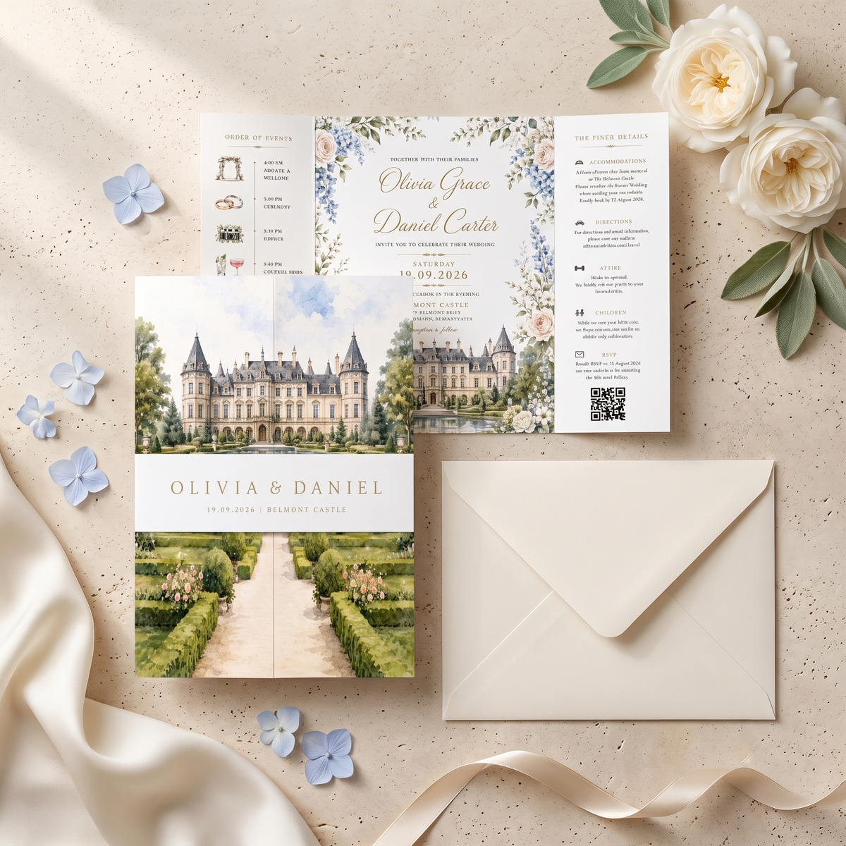Personalized Castle Wedding Invitation Suite, Luxury Floral Wedding Invitations, Custom Venue Illustration, RSVP & QR Code
