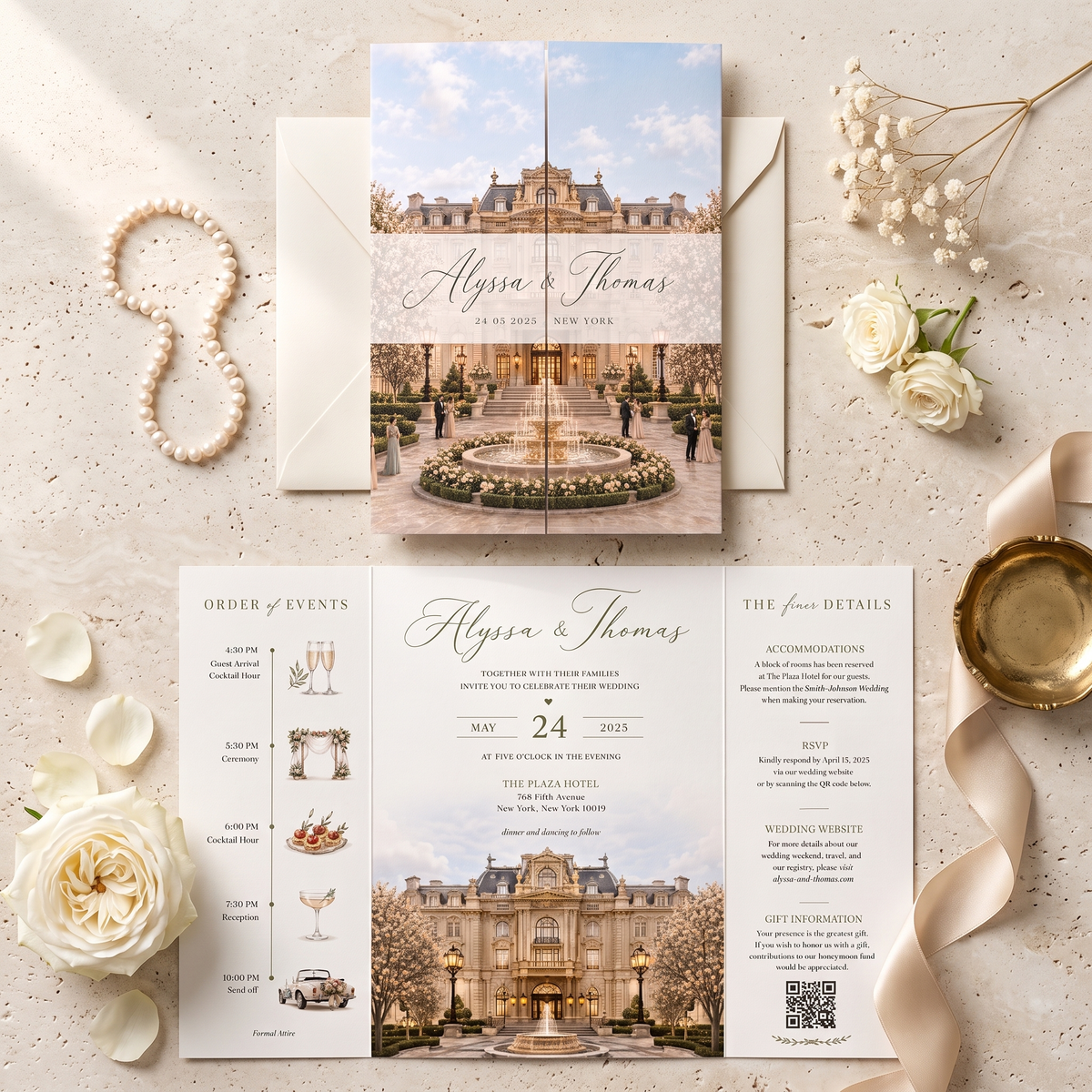 Personalized Luxury Wedding Invitation Suite | Custom Wedding Venue Illustration, Elegant RSVP & QR Code