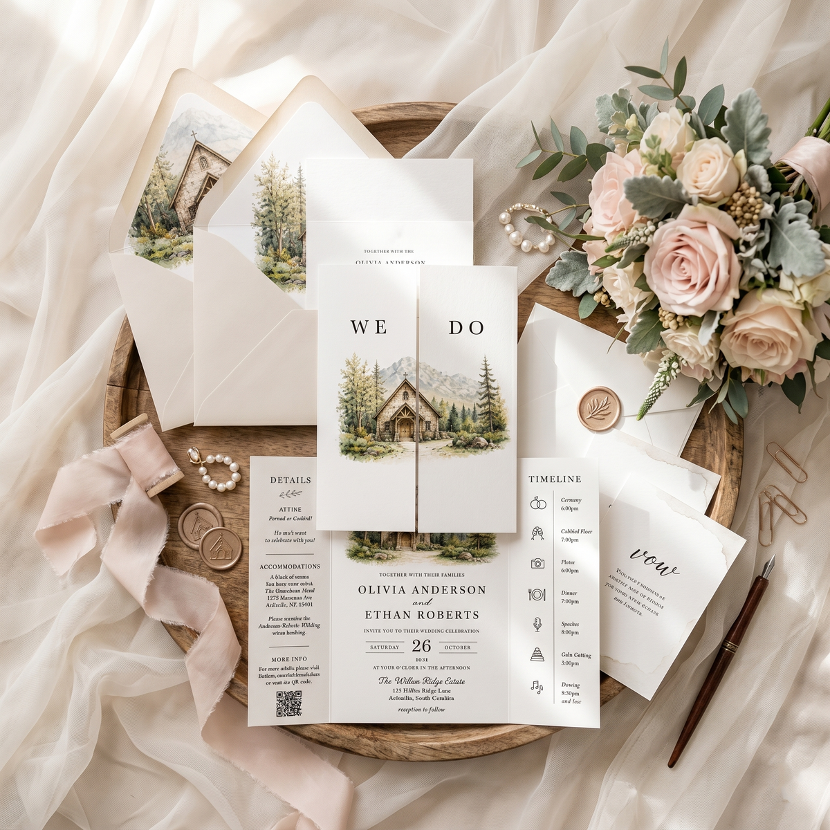 Personalized Wedding Invitation, Custom Venue Watercolor Illustration, Rustic Wedding Invitation Suite